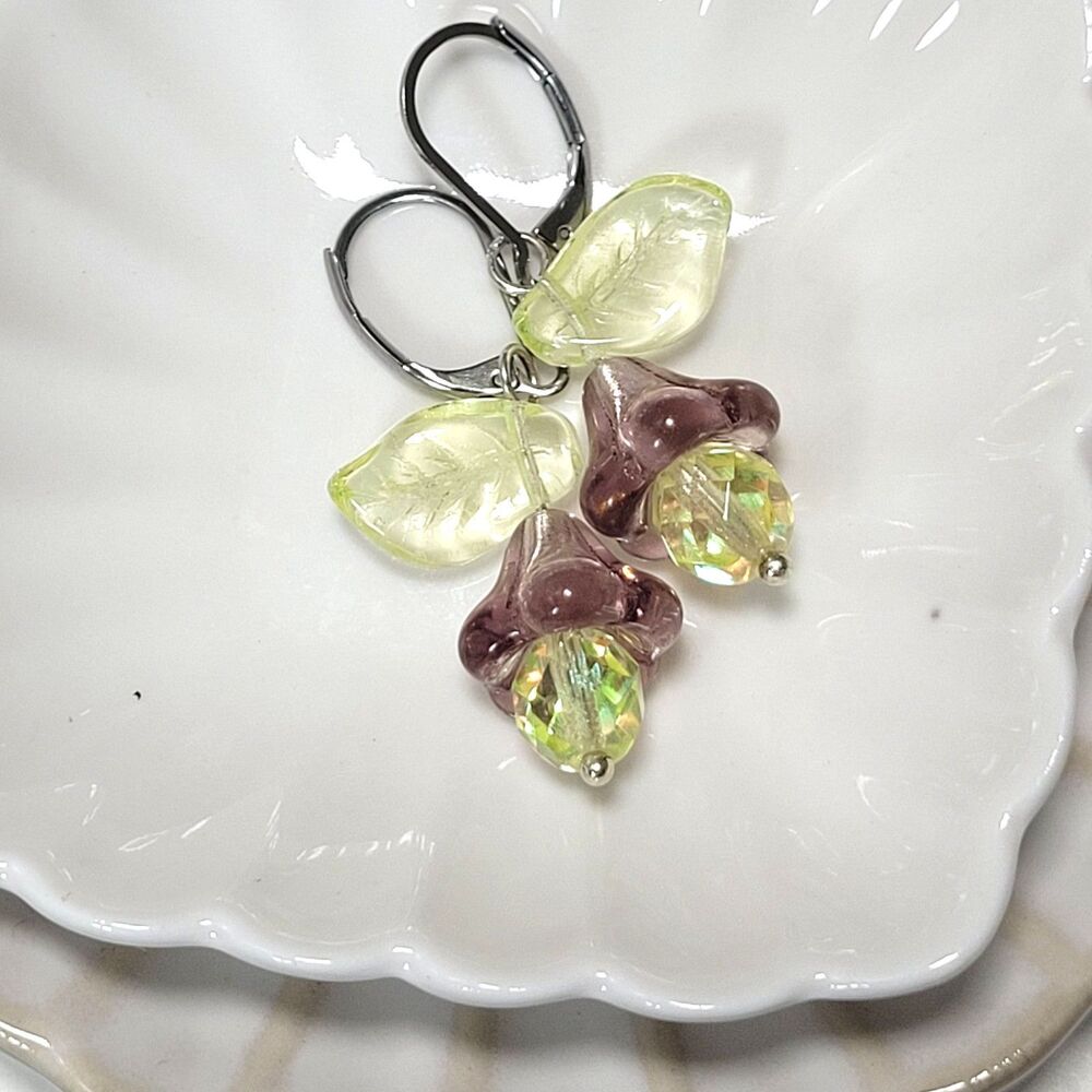 Yellow Glass Stainless Steel Leverback Hidden Meaning earrings Floral Fae 664■